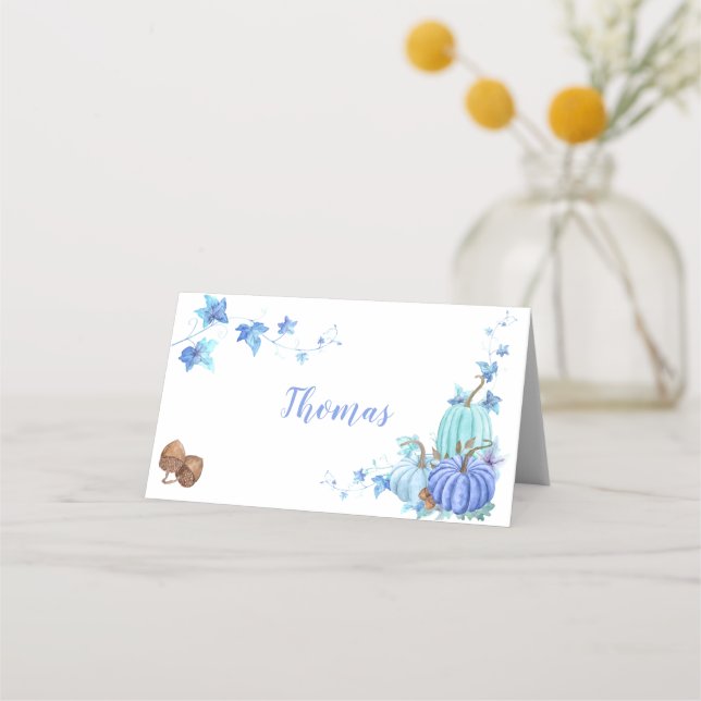 Thanksgiving Pumpkins Teal Blue Turquoise Place Card (Front)