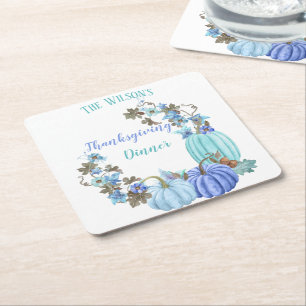 Thanksgiving Pumpkins Teal Turquoise Blue Square Paper Coaster