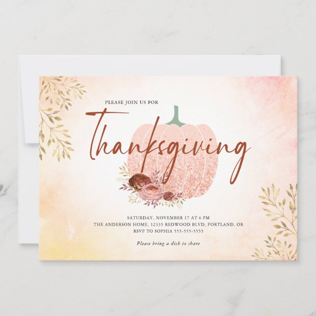 Thanksgiving Rose Gold Glitter Pumpkin Invitation (Front)