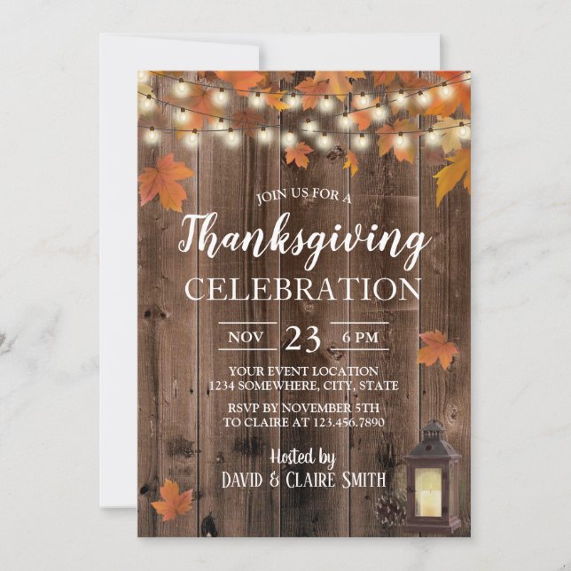 Thanksgiving Rustic Autumn Leaves Vintage Lantern Invitation (Front)