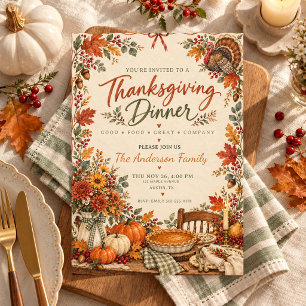 Thanksgiving Rustic Floral Turkey Fall Family Invitation