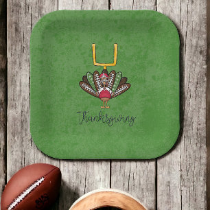 Thanksgiving Script Turkey Football Feathers Green Paper Plate