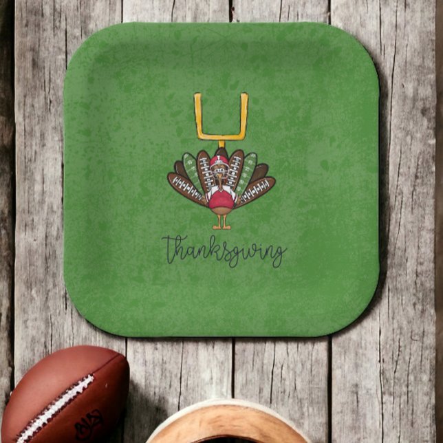 Thanksgiving Script Turkey Football Feathers Green Paper Plate (Creator Uploaded)