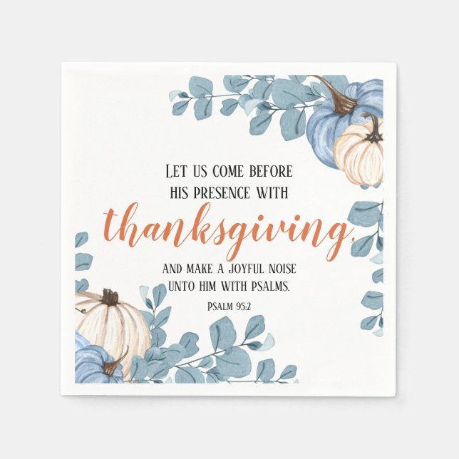 Thanksgiving Scripture Blue Pumpkin Corners Napkin (Front)