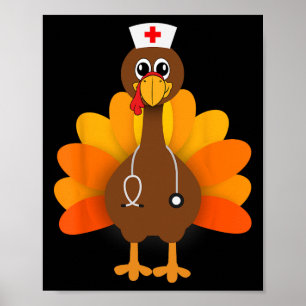 Thanksgiving Scrub Tops Women Turkey Nurse Holiday Poster