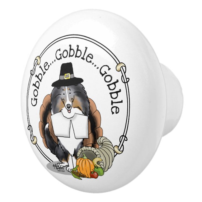 Thanksgiving Shetland Sheepdog (blue merle) Funny Ceramic Knob (Right)