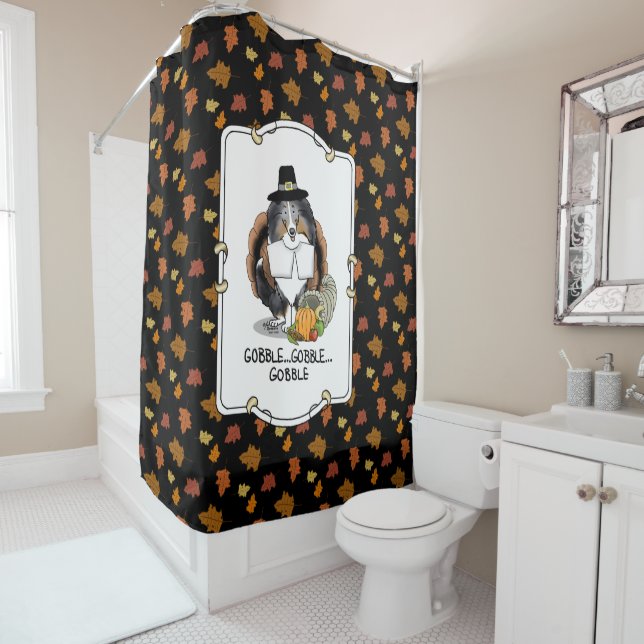 Thanksgiving Shetland Sheepdog (blue merle) Funny Shower Curtain (In Situ)