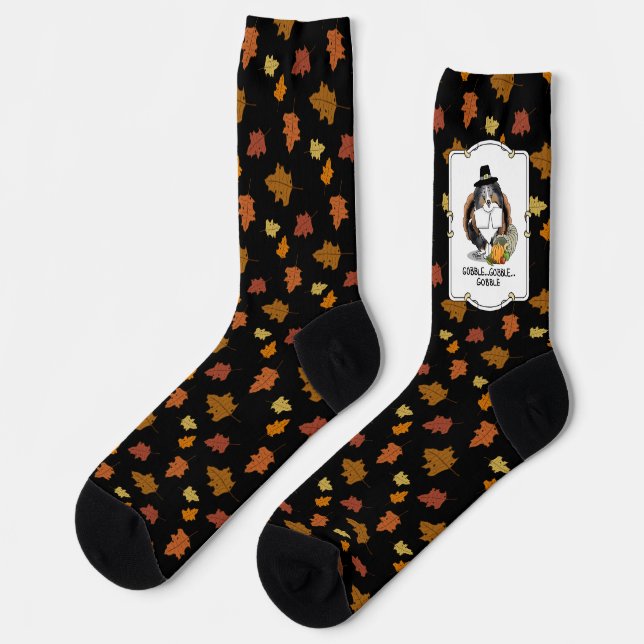 Thanksgiving Shetland Sheepdog (blue merle) Funny Socks (Left)