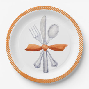 Thanksgiving Silverware with Orange Bow Paper Plate