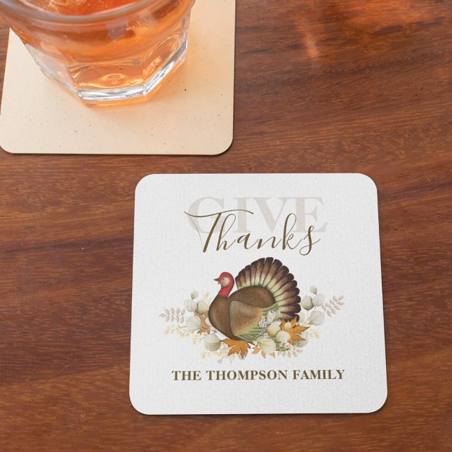 Thanksgiving Simple Turkey Elegant Give Thanks Square Paper Coaster (Thanksgiving Turkey holiday custom paper coaster)