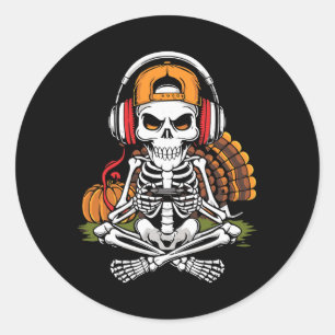 Thanksgiving Skeleton Gamer Video Gaming Boys Men  Classic Round Sticker