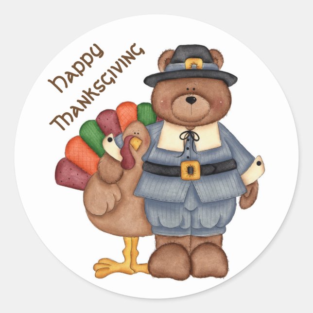 Thanksgiving Stickers/Pilgrim Bear and Turkey Classic Round Sticker (Front)