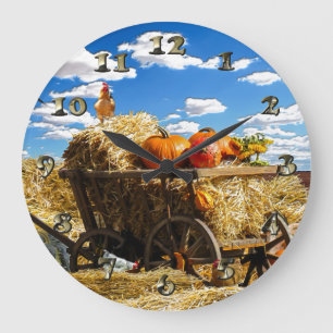 Thanksgiving Straw Wagon in the Field Large Clock