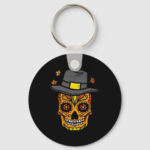 Thanksgiving Sugar Skull Pilgrim Fall Mexican Men Key Ring