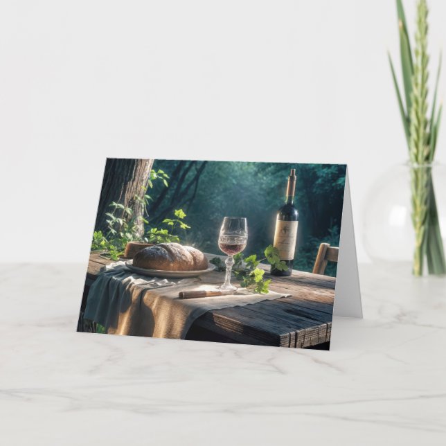 Thanksgiving Table With Wine In A Forest Card (Front)