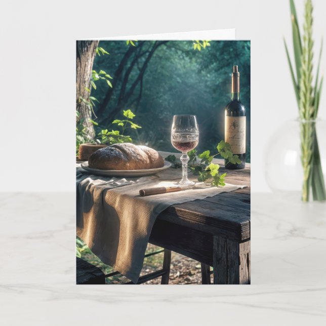 Thanksgiving Table With Wine In A Forest Card (Front)