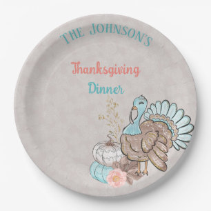 Thanksgiving Taupe Aqua Coral Pumpkins Turkey Paper Plate