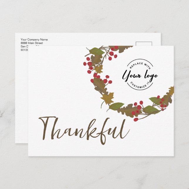 Thanksgiving Thankful Autumn Wreath Business logo Postcard (Front/Back)