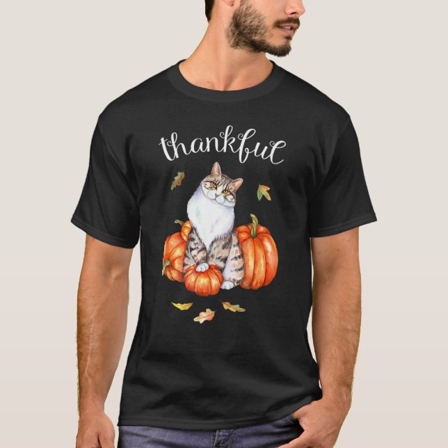 Thanksgiving Thankful Cat Pumpkin Fall T-Shirt (Front)