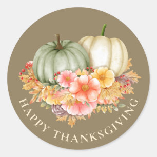 Thanksgiving Thankful floral pumpkins brown Classic Round Sticker