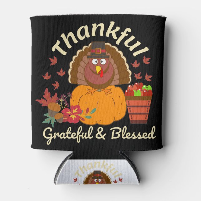 Thanksgiving Thankful Grateful & Blessed Can Cooler (Front)