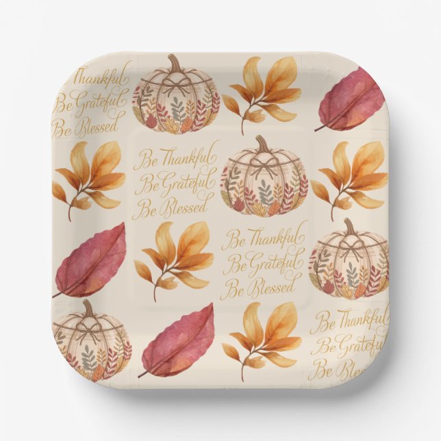 Thanksgiving Thankful,Grateful,Blessed Paper Plate (Front)