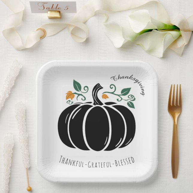 Thanksgiving,Thankful Grateful Blessed , Pumpkin,  Paper Plate (Wedding)