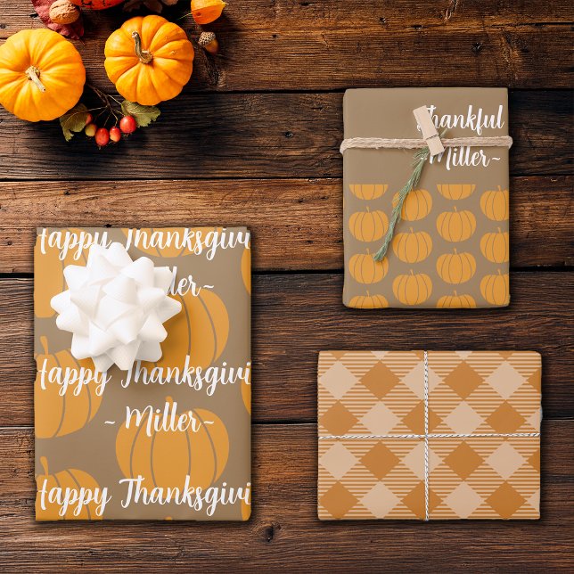 Thanksgiving Thankful Plaids Custom Name Wrapping Paper Sheet (Creator Uploaded)