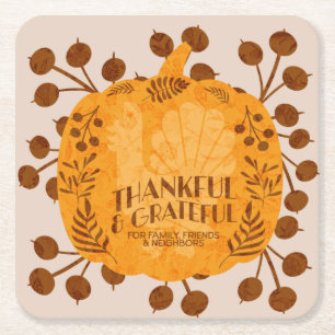 Thanksgiving Thankful Turkey Pumpkin Greenery   Square Paper Coaster
