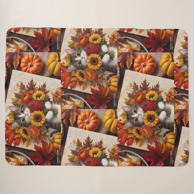 Thanksgiving Themed with cat  Sherpa Blanket (Front (Horizontal))