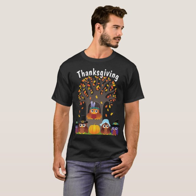 Thanksgiving tree with cute owls T-shirt (Front Full)