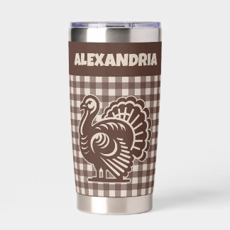 Thanksgiving Turkey Brown & Tan Plaid Name Insulated Tumbler