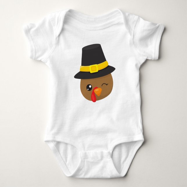 Thanksgiving Turkey, Brown Turkey, Pilgrim Hat Baby Bodysuit (Front)
