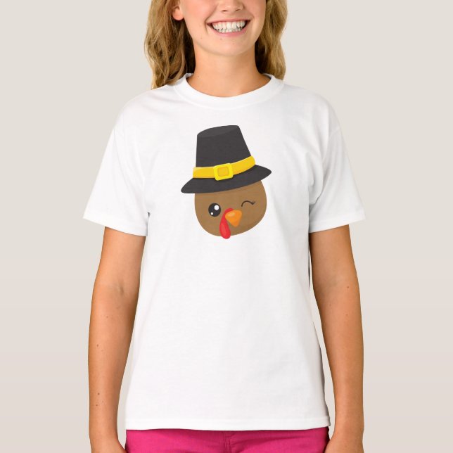 Thanksgiving Turkey, Brown Turkey, Pilgrim Hat T-Shirt (Front)