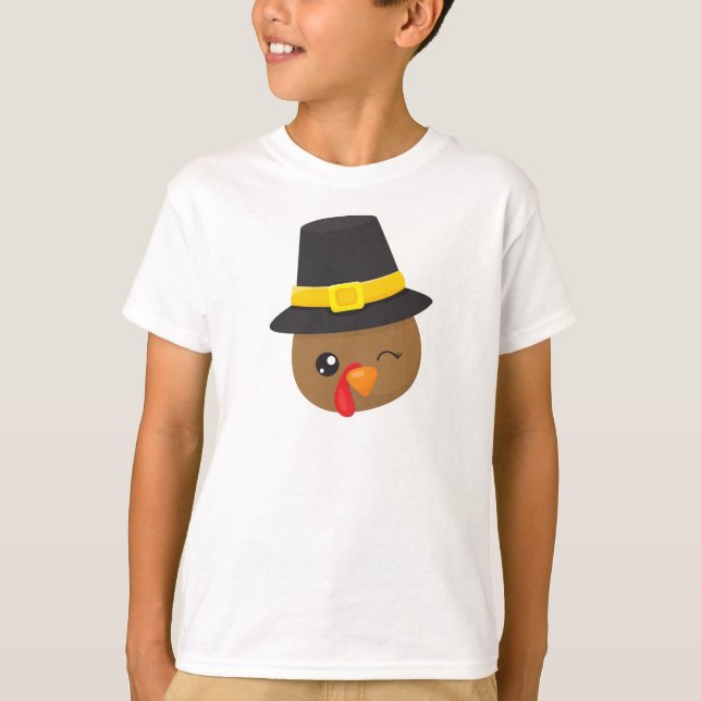 Thanksgiving Turkey, Brown Turkey, Pilgrim Hat T-Shirt (Front)