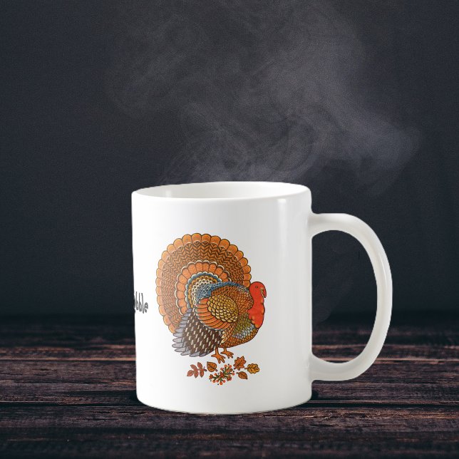 Thanksgiving Turkey Coffe Mug (Colourful male turnkey with fanned tail standing in leaves on Thanksgiving coffee or tea mug.)