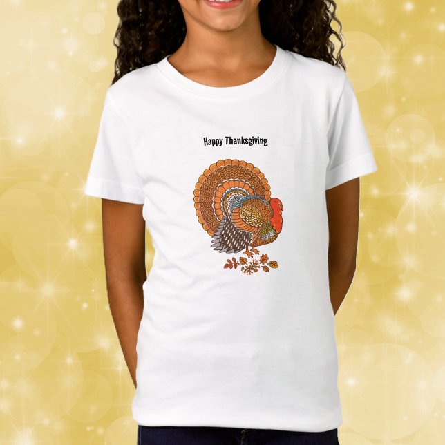 Thanksgiving Turkey Colourful Feathers in Leaves T-Shirt (Happy Thanksgiving turkey colourful Autumn hues feathers in leaves on kids tee shirt.)