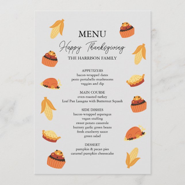 Thanksgiving Turkey Corn Cupcake Pie Dinner Menu (Front)