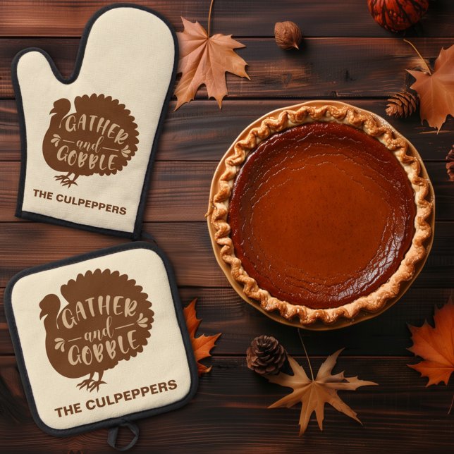 Thanksgiving Turkey Custom Name Gather and Gobble Oven Mitt & Pot Holder Set (Creator Uploaded)
