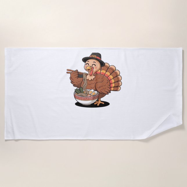 thanksgiving turkey eats ramen Oversized T-Shirt Beach Towel (Front)