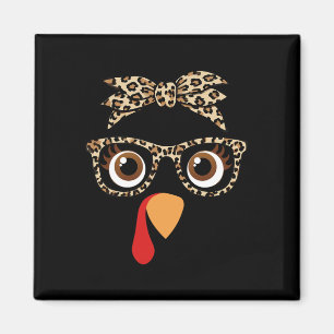 Thanksgiving Turkey Face Girl Leopard Bow And Gles Magnet