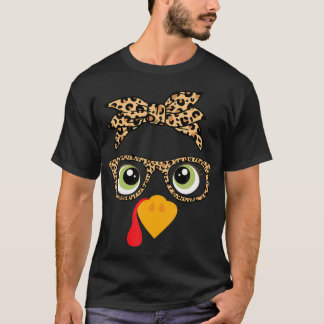 Thanksgiving Turkey Face Leopard Print Glasses T-Shirt