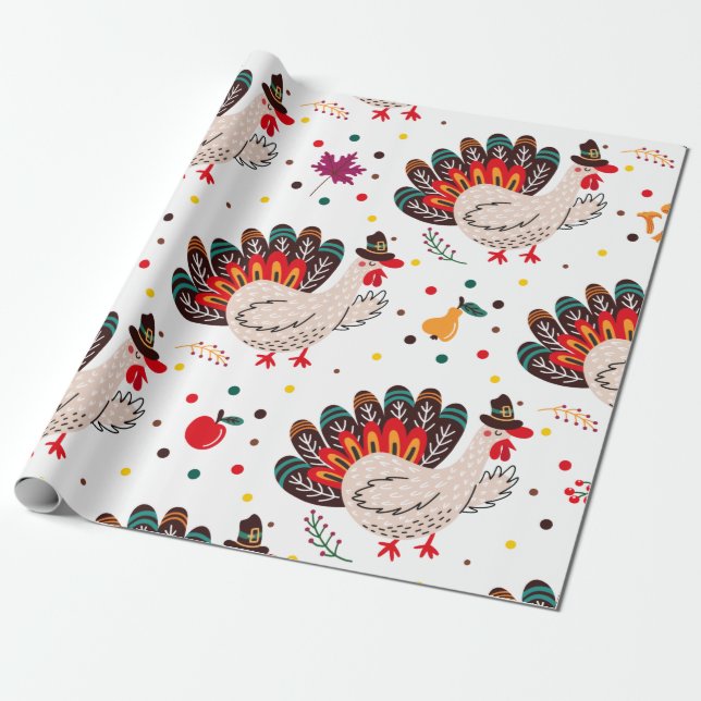 Thanksgiving Turkey Fall Autumn Leaves Pattern Wrapping Paper (Unrolled)