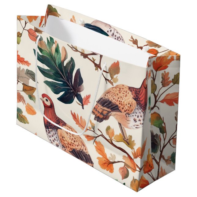 Thanksgiving Turkey Feather Autumn Pattern Large Gift Bag (Front Angled)