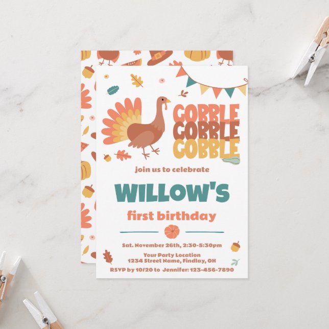 Thanksgiving Turkey Gobble Gobble Birthday Party Invitation (Front/Back In Situ)