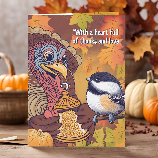 Thanksgiving Turkey Gratitude Love Cute Chickadee Holiday Card (Adorable Thanksgiving card illustration: Sweet turkey sharing a birdseed feeder with chickadee bird)