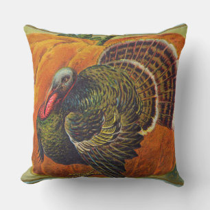 Thanksgiving Turkey in front of a Orange Pumpkin Outdoor Cushion
