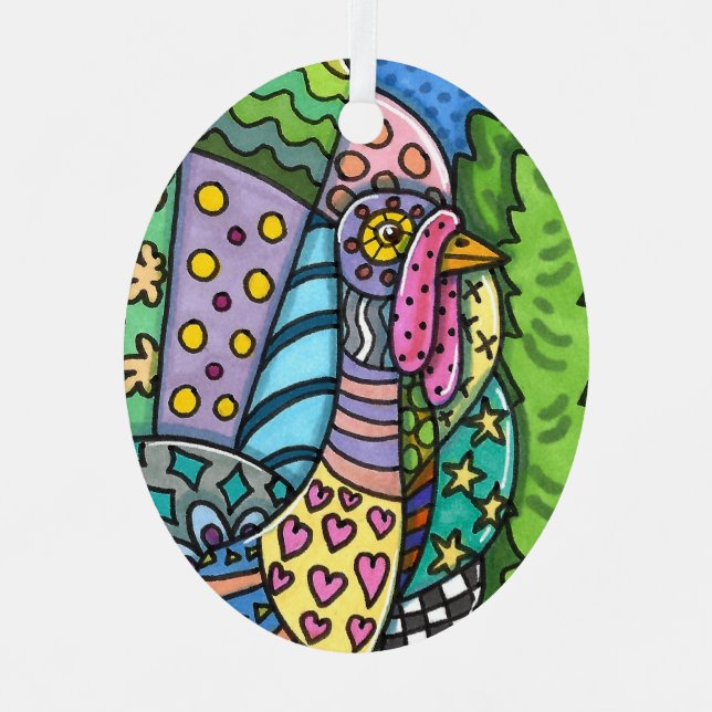 THANKSGIVING TURKEY, PATCHWORK FEATHERS, FOLK ART METAL TREE DECORATION (Front)