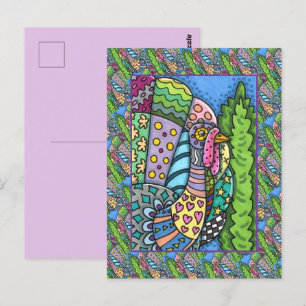 THANKSGIVING TURKEY, PATCHWORK FEATHERS, FOLK ART POSTCARD