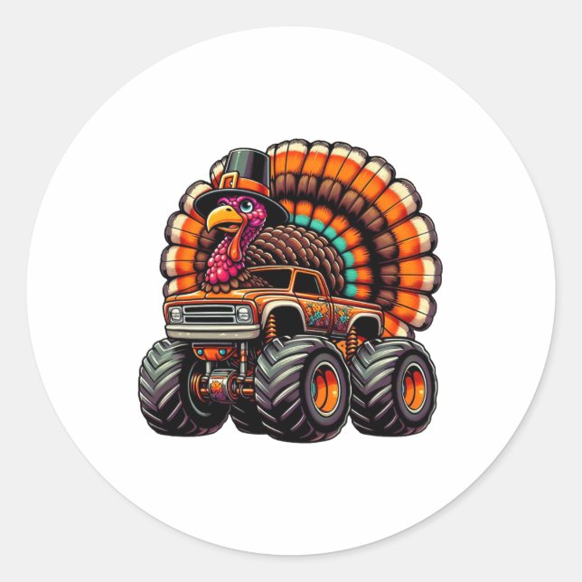 Thanksgiving Turkey Riding Monster Truck Boys Kids Classic Round Sticker (Front)